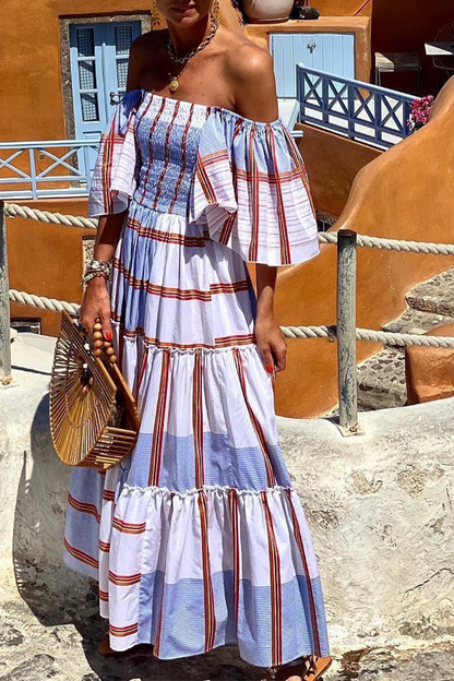 Print Patchwork Off the Shoulder Cake Skirt Dresses(3 Colors)