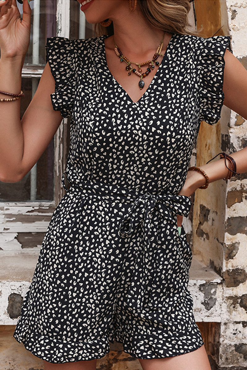 Print Flounce V Neck Straight Rompers