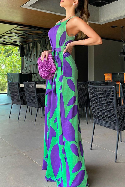 Print Patchwork Spaghetti Strap Loose Jumpsuits