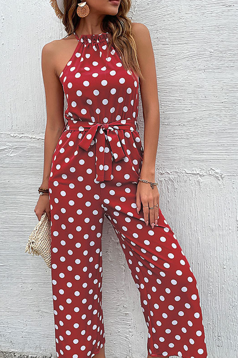Dot Patchwork Halter Straight Jumpsuits(4 Colors)