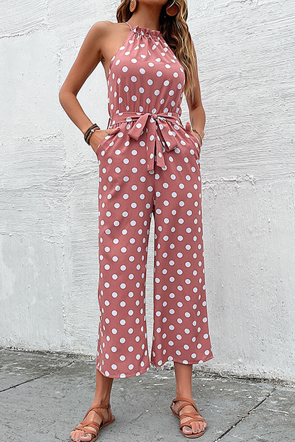 Dot Patchwork Halter Straight Jumpsuits(4 Colors)