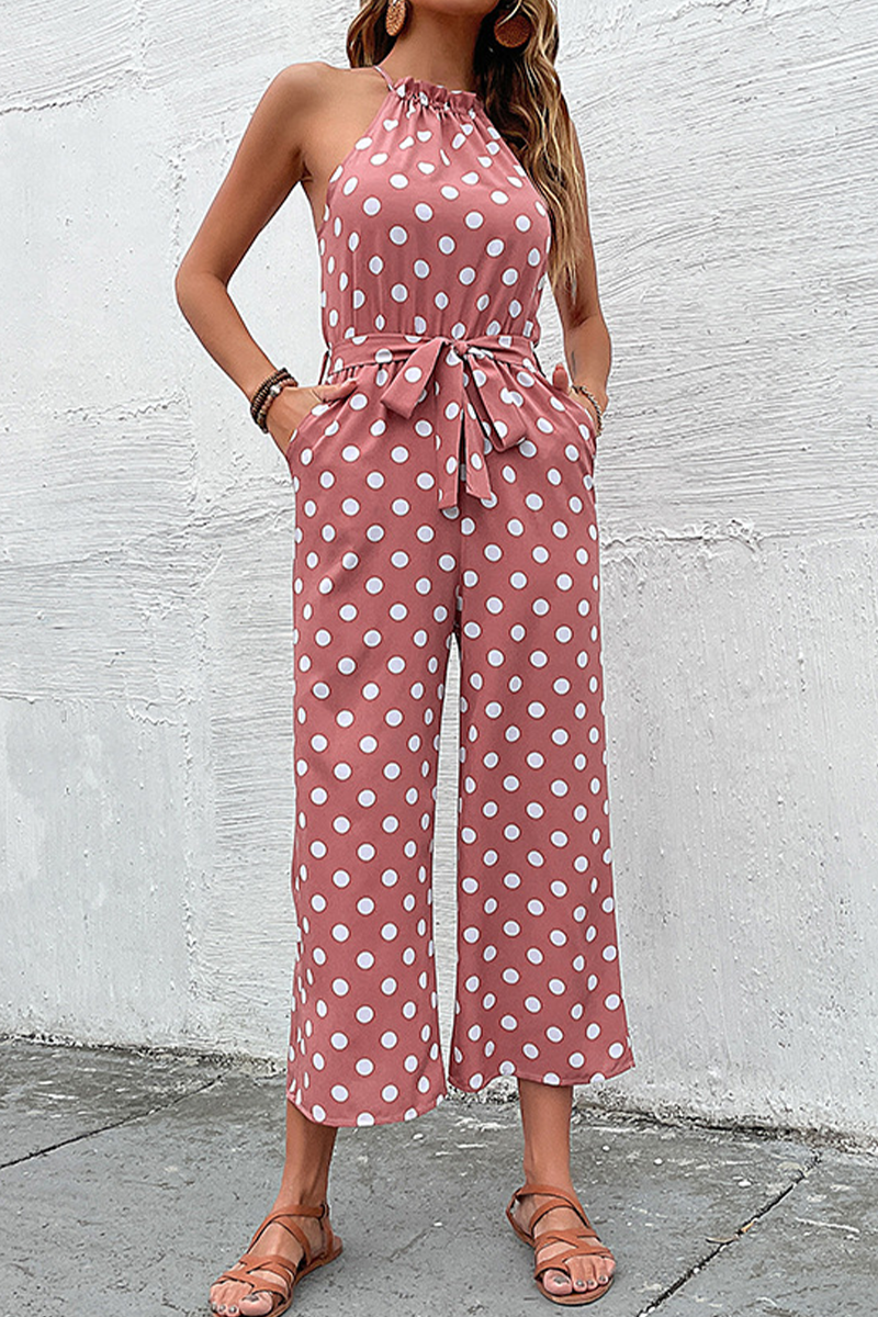 Dot Patchwork Halter Straight Jumpsuits(4 Colors)