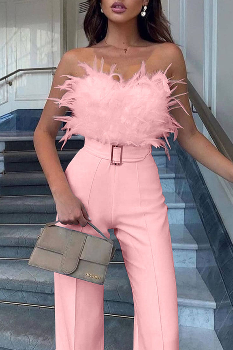 Feathers With Belt Strapless Jumpsuits(5 Colors)