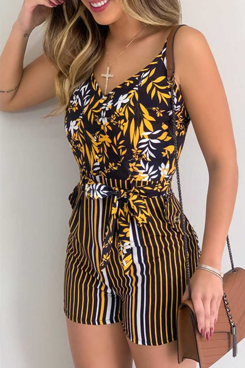 Print Patchwork Spaghetti Strap Straight Rompers