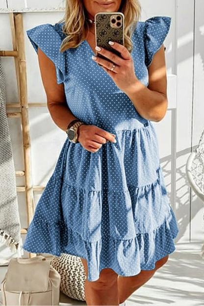 Dot Flounce V Neck Cake Skirt Dresses(3 Colors)
