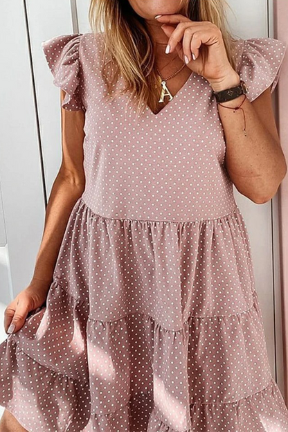 Dot Flounce V Neck Cake Skirt Dresses(3 Colors)