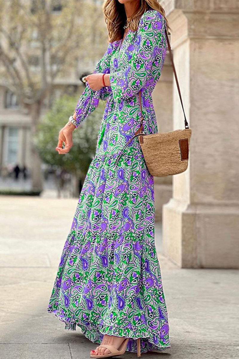 Print Patchwork V Neck Cake Skirt Dresses