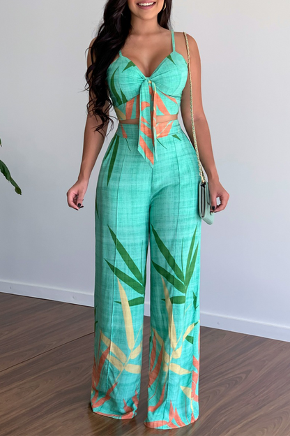 Print Patchwork Spaghetti Strap Straight Jumpsuits(5 Colors)