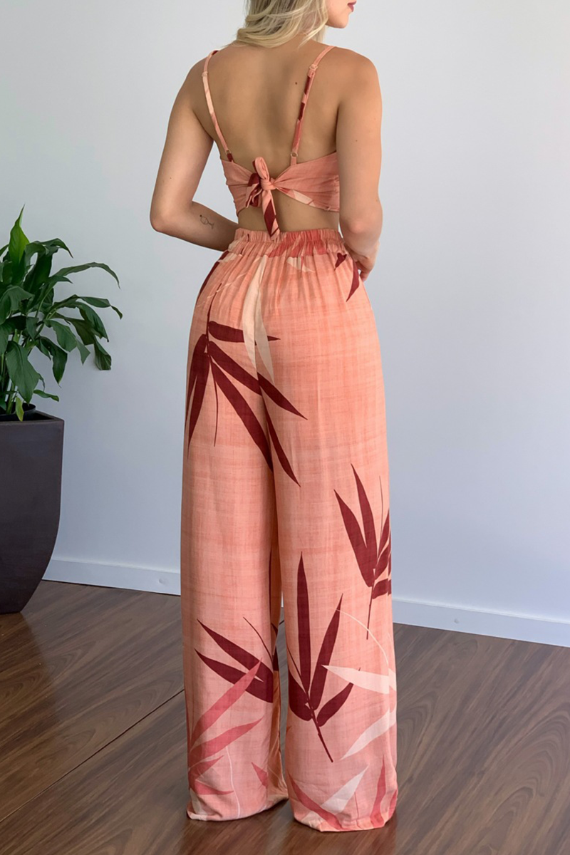 Print Patchwork Spaghetti Strap Straight Jumpsuits