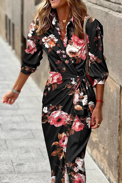 Print Patchwork Turndown Collar Waist Skirt Dresses(7 Colors)