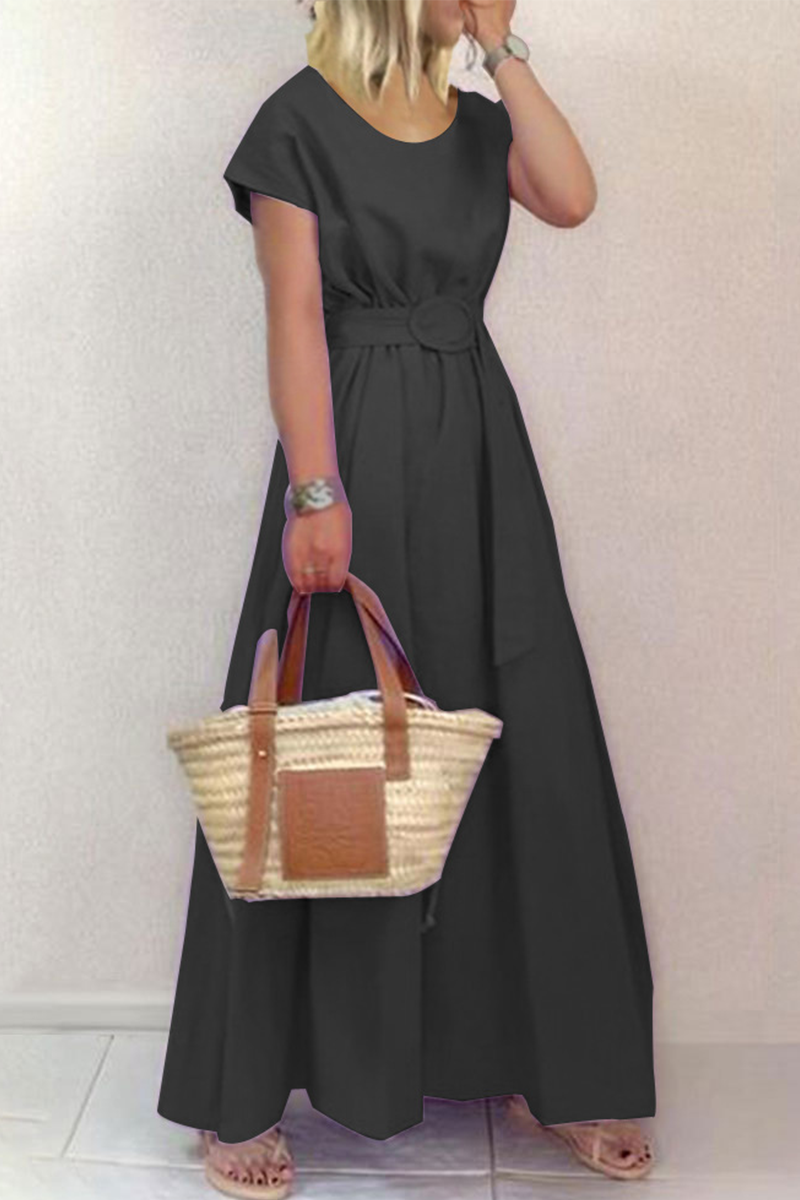 Patchwork O Neck Waist Skirt Dresses