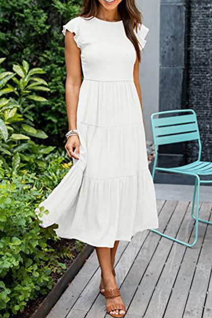 Flounce O Neck Cake Skirt Dresses（9 Colors）