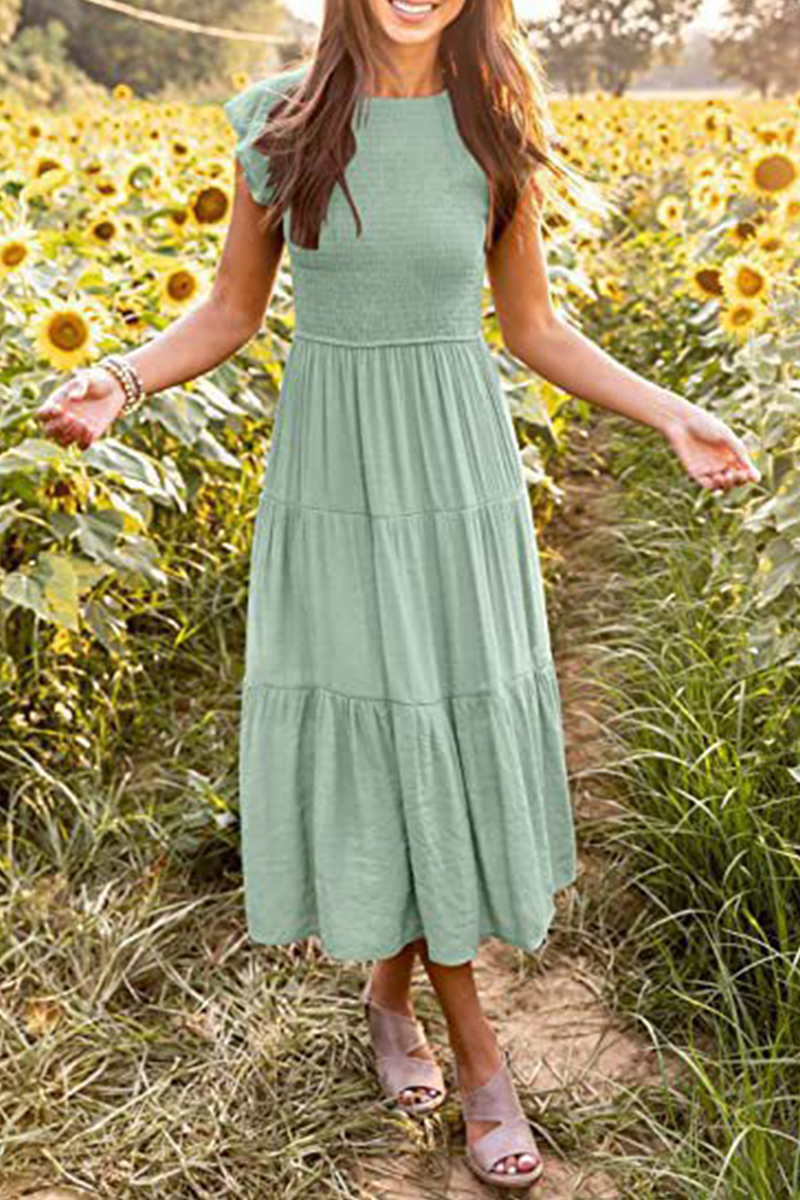 Flounce O Neck Cake Skirt Dresses（9 Colors）