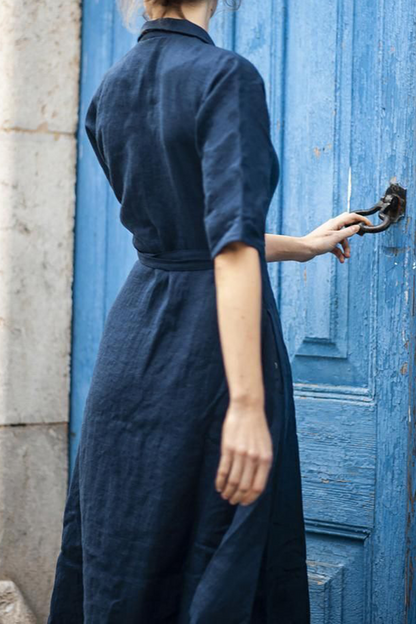 Patchwork Turndown Collar Waist Skirt Dresses