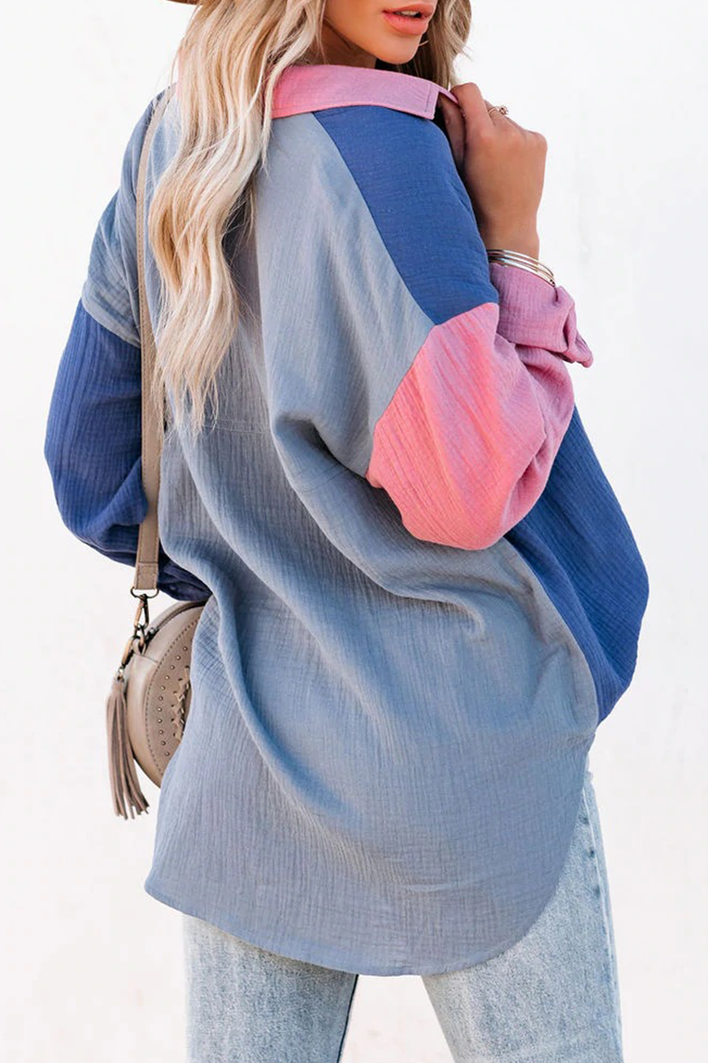 Patchwork Turndown Collar Blouses (4 Colors)