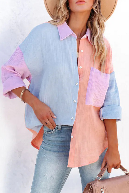 Patchwork Turndown Collar Blouses (4 Colors)