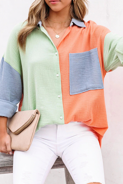 Patchwork Turndown Collar Blouses (4 Colors)