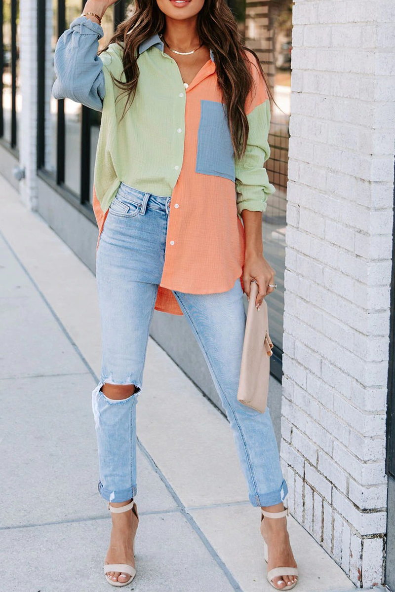 Patchwork Turndown Collar Blouses (4 Colors)