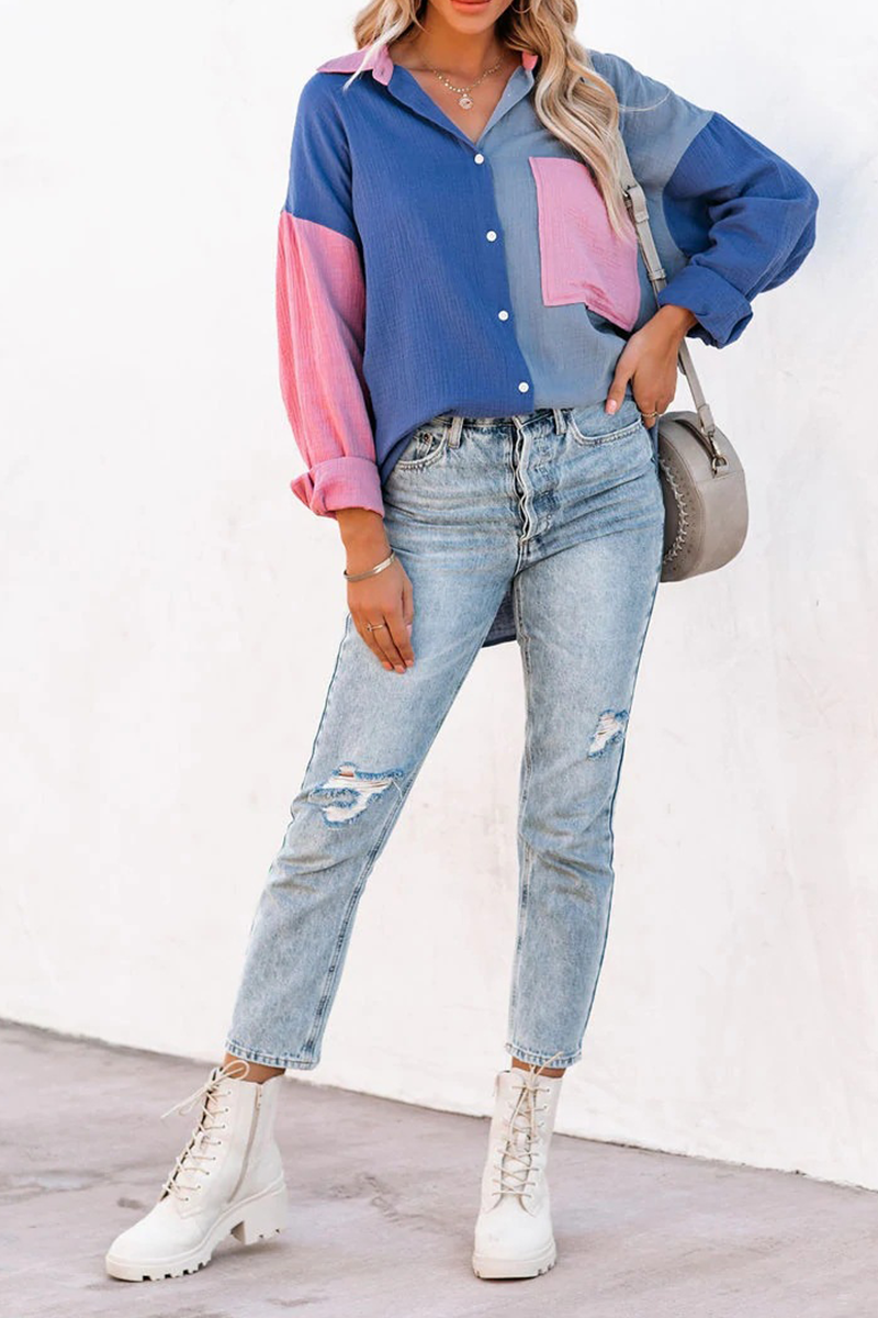 Patchwork Turndown Collar Blouses (4 Colors)