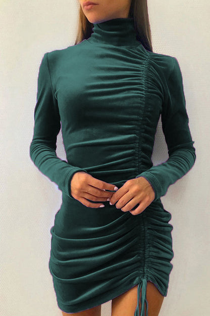 Draw String Half a Turtleneck Wrapped Skirt Dresses(8 Colors)