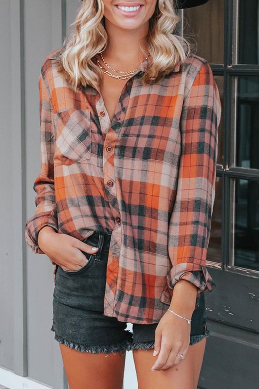 Plaid Patchwork Turndown Collar Blouses