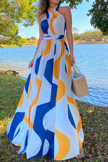 Print Patchwork Halter Waist Skirt Dresses