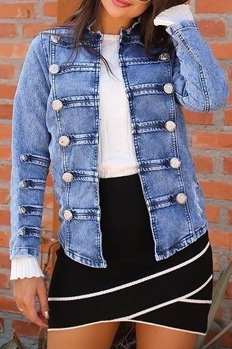 Beading Cardigan Collar Long Sleeve Straight Denim Jacket