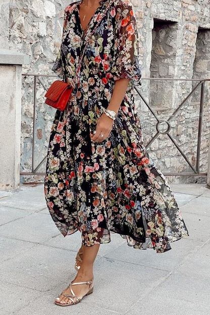 Print Patchwork V Neck Cake Skirt Dresses