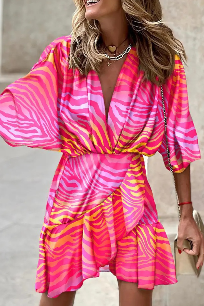 Print Patchwork V Neck Waist Skirt Dresses(6 Colors)