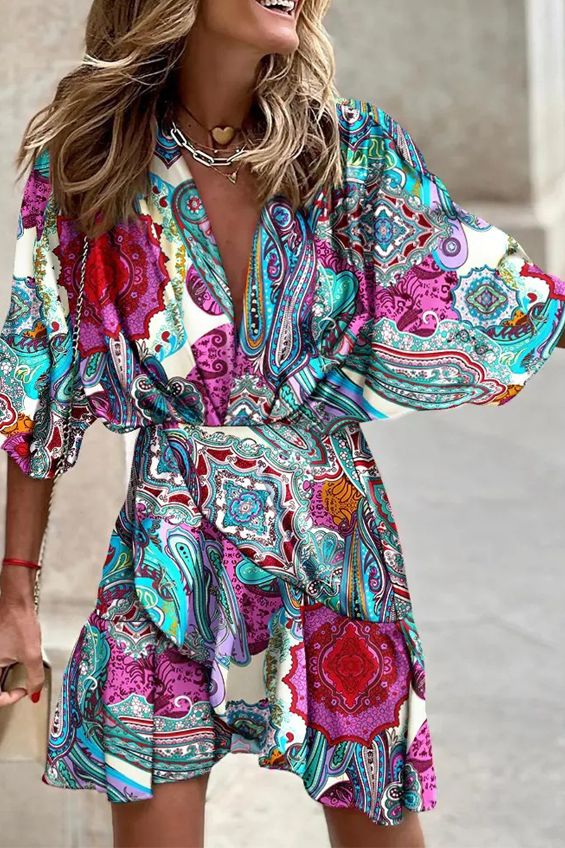 Print Patchwork V Neck Waist Skirt Dresses(6 Colors)