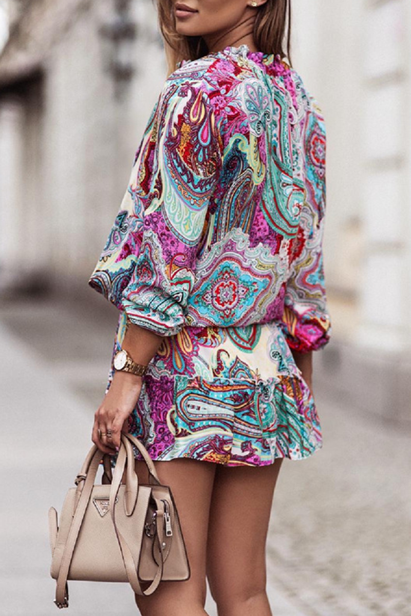 Print Flounce V Neck Cake Skirt Dresses(3 Colors)