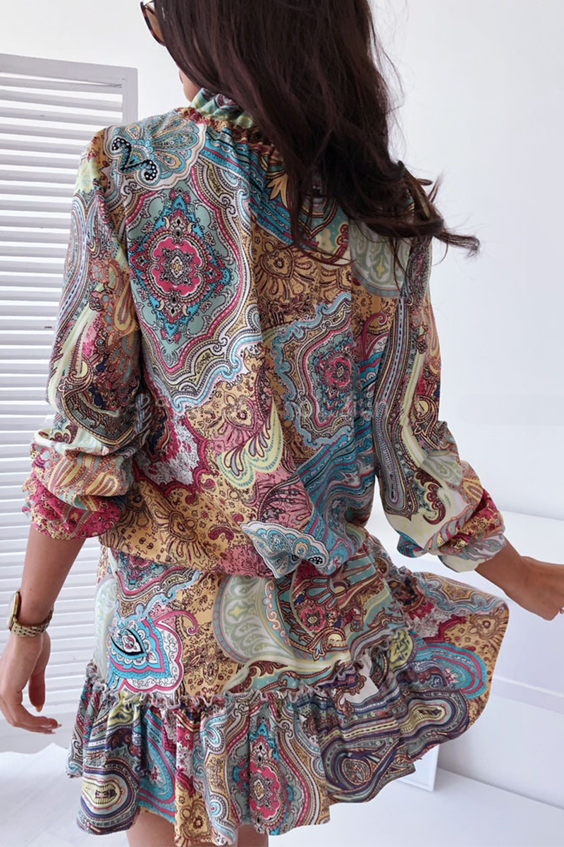 Print Flounce V Neck Cake Skirt Dresses(3 Colors)