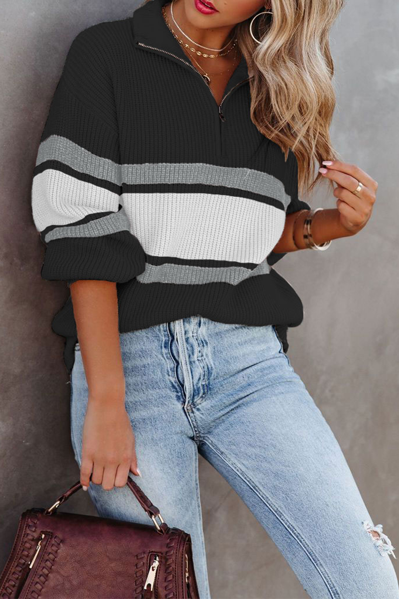 Patchwork Zipper Collar Sweaters(5 Colors)