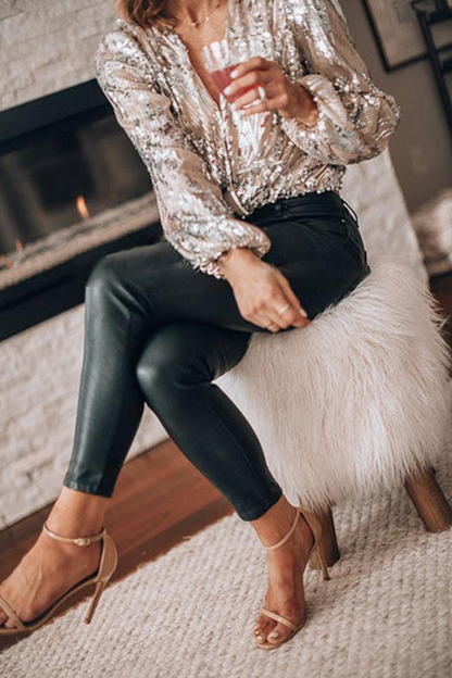 Patchwork Fold Sequins V Neck Blouses
