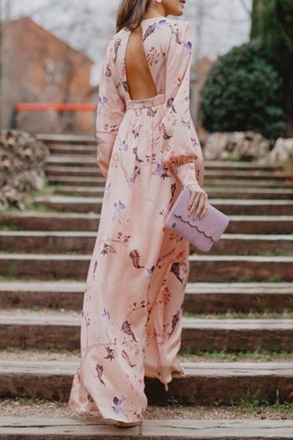 Print Hollowed Out O Neck Waist Skirt Dresses
