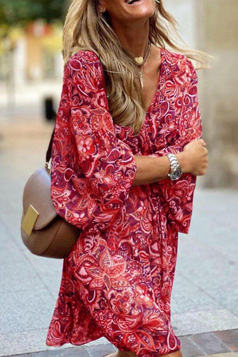 Print Patchwork V Neck Cake Skirt Dresses