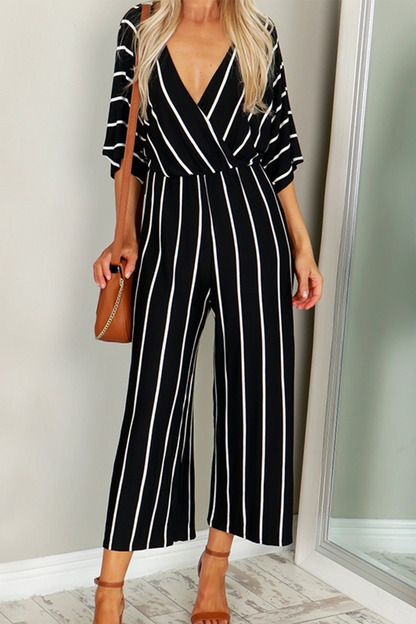 Striped Patchwork V Neck Straight Jumpsuits