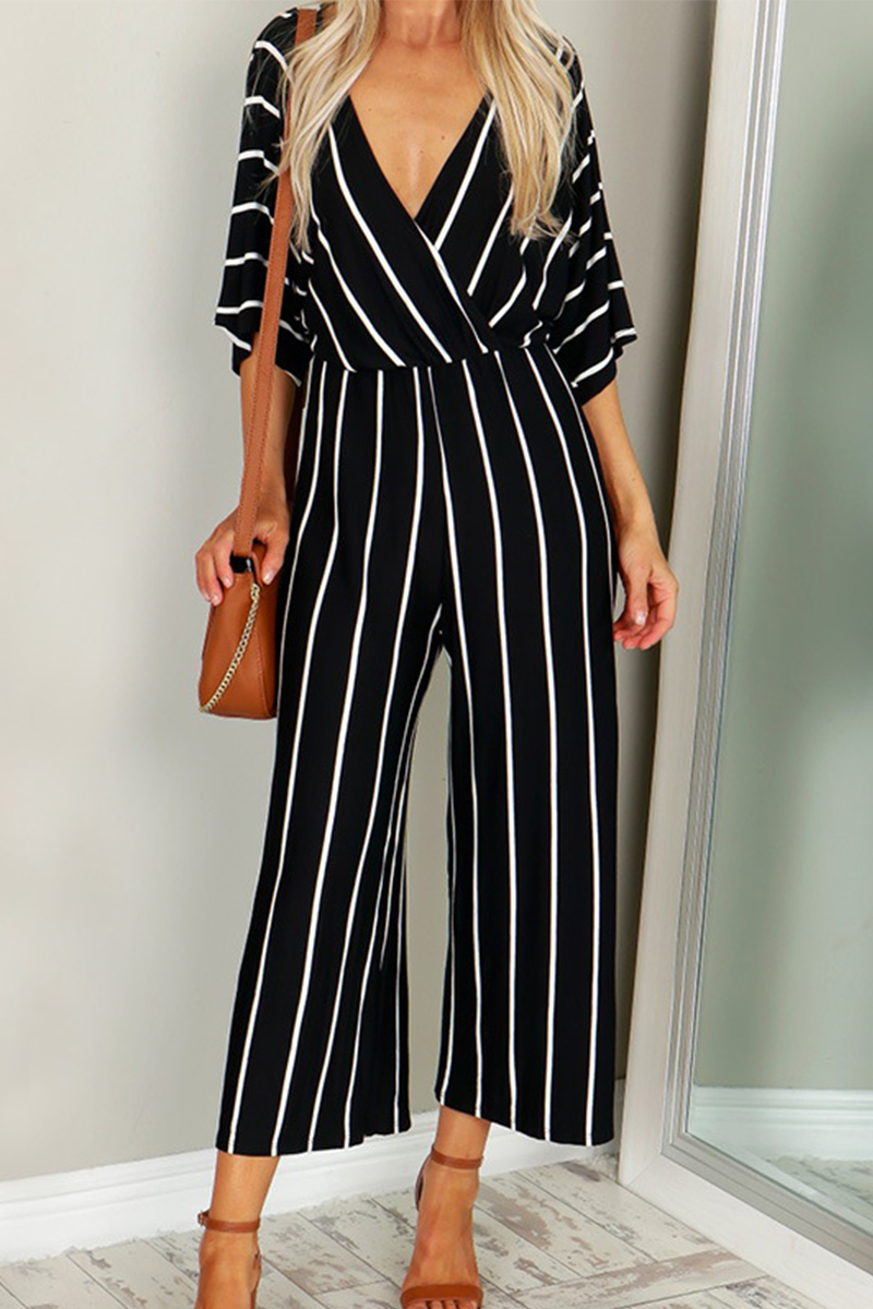 Striped Patchwork V Neck Straight Jumpsuits