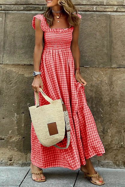 Plaid Patchwork Square Collar Cake Skirt Dresses