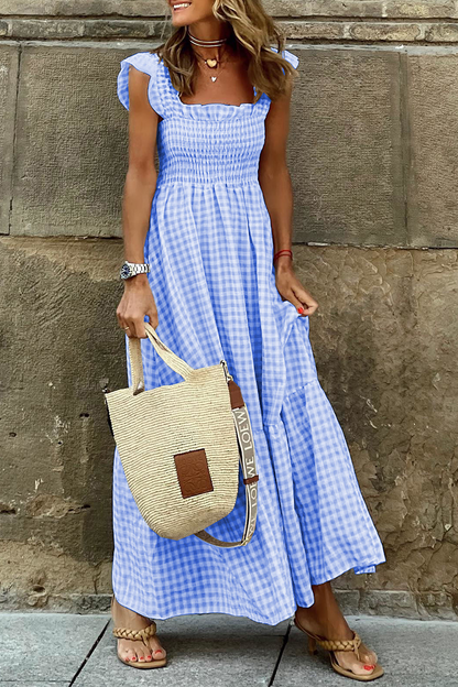 Plaid Patchwork Square Collar Cake Skirt Dresses