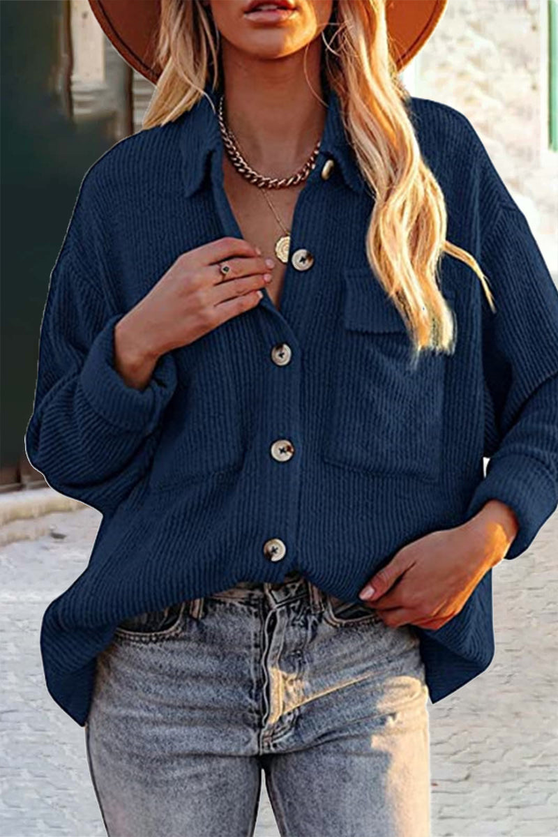 Pocket Turndown Collar Blouses(8 Colors)