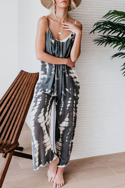 Patchwork Tie-dye Spaghetti Strap Straight Jumpsuits(10 Colors)