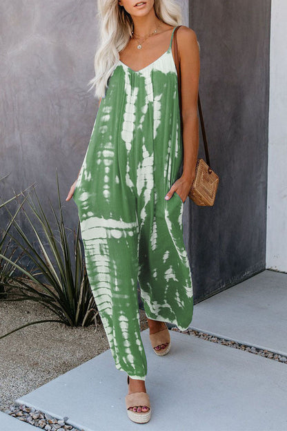 Patchwork Tie-dye Spaghetti Strap Straight Jumpsuits(10 Colors)