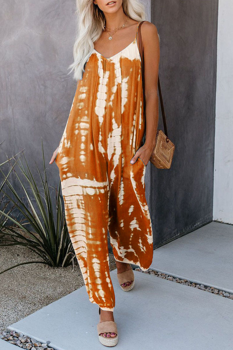 Patchwork Tie-dye Spaghetti Strap Straight Jumpsuits(10 Colors)