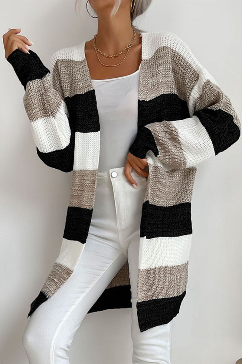 Color Block Contrast V Neck Cardigans(6 Colors)