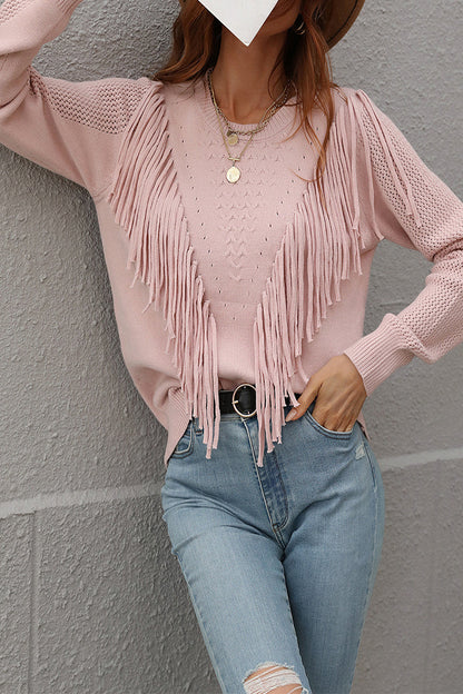 Tassel Patchwork O Neck Sweaters(5 Colors)