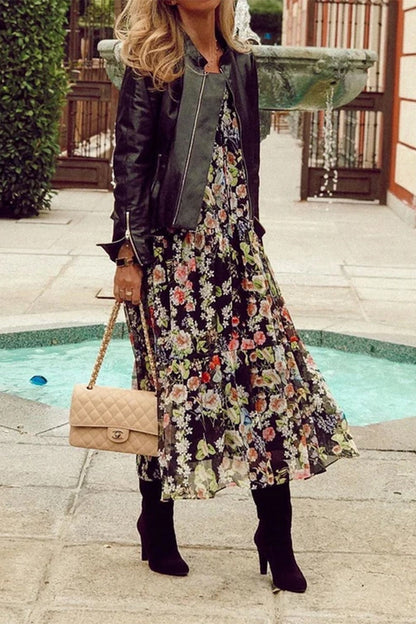 Print Patchwork V Neck Cake Skirt Dresses