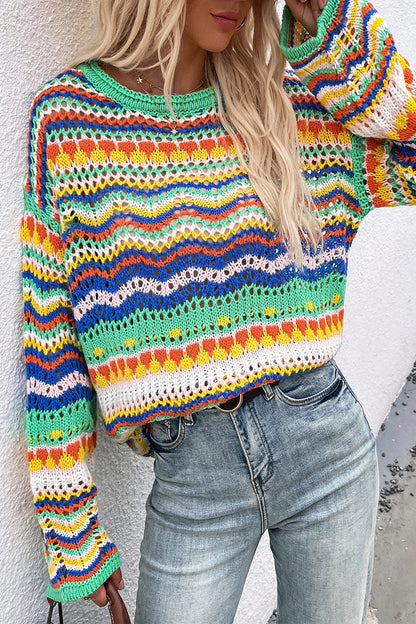 Striped Patchwork O Neck Sweaters(4 Colors)