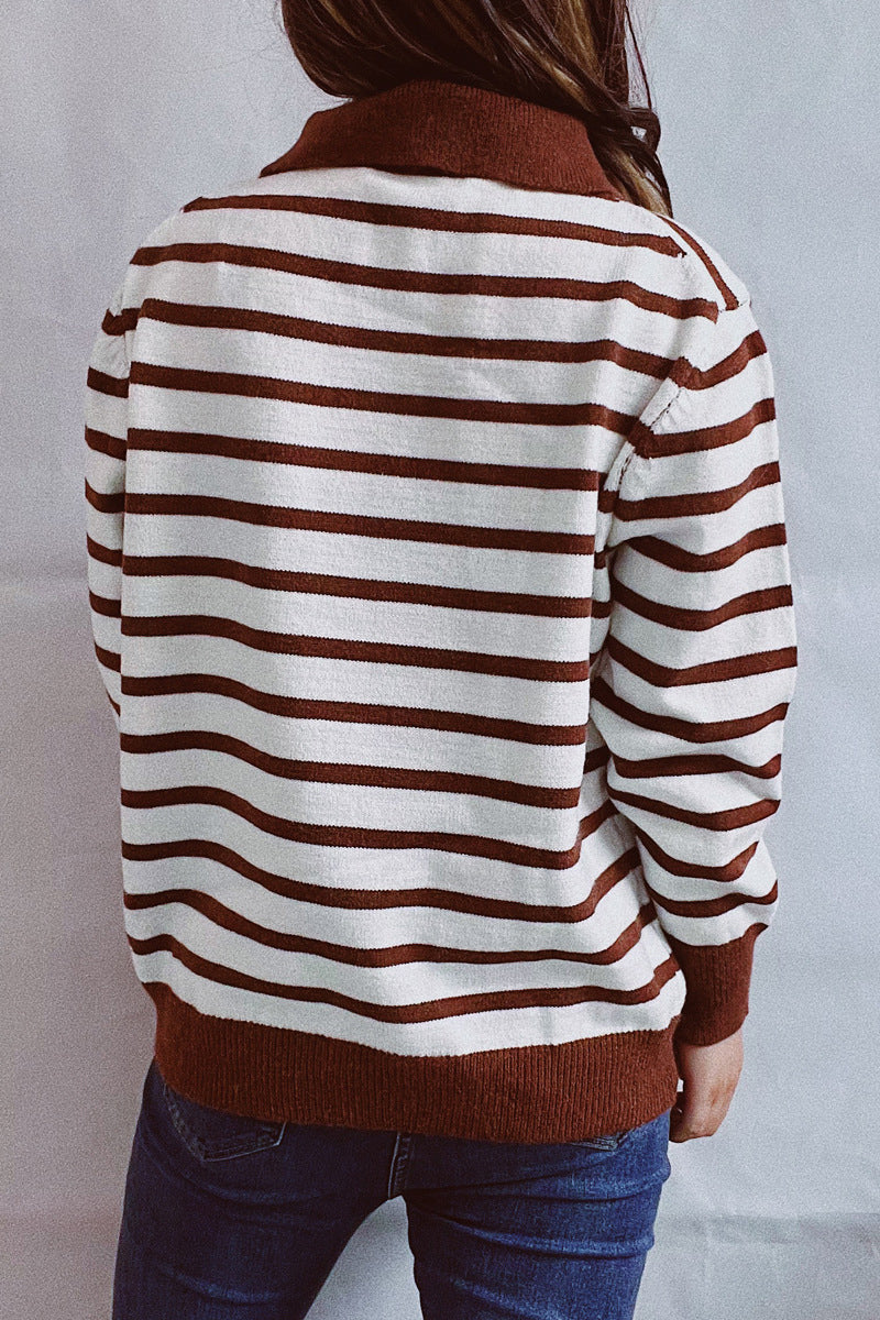 Striped Buttons Turndown Collar Sweaters(3 Colors)