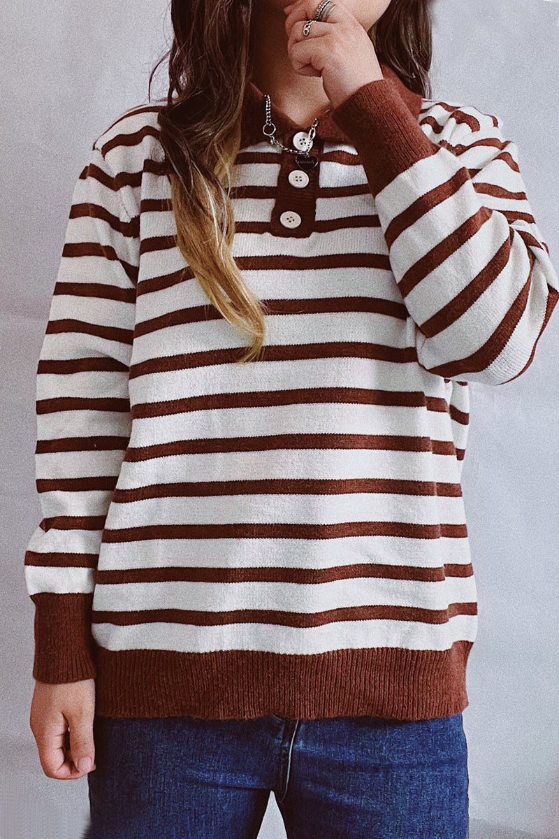 Striped Buttons Turndown Collar Sweaters(3 Colors)